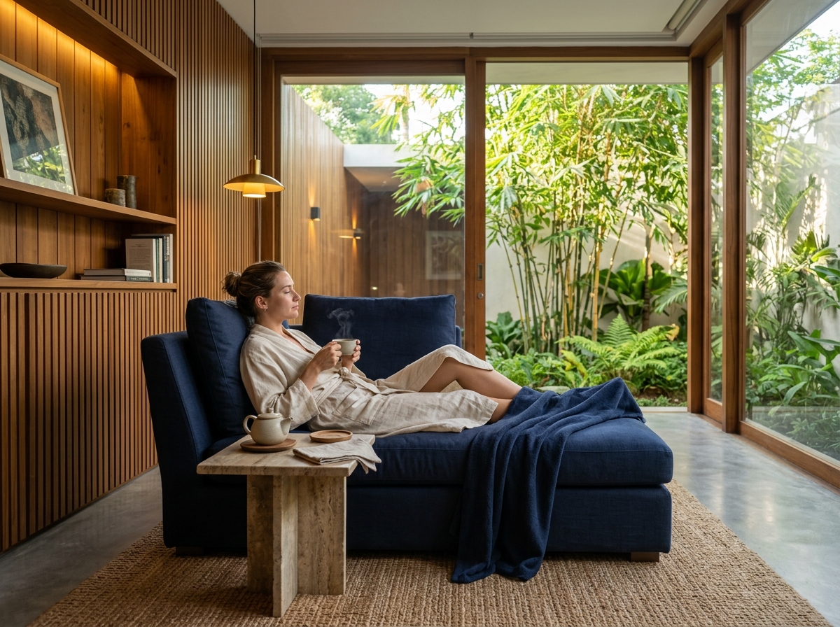 CROSA client unwinding in a private teakwood lounge with herbal tea and bamboo courtyard garden view